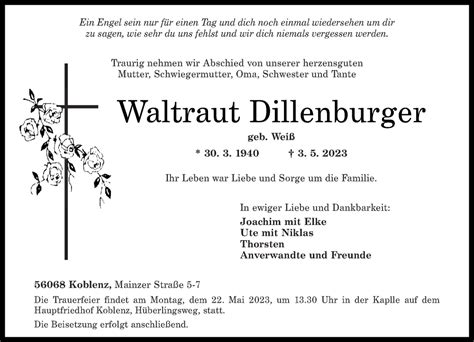 Traueranzeigen Von Waltraut Dillenburger Rz Trauer De