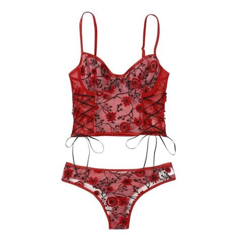 G String Fleurs Broderie Bralette Dentelle Soutien Gorge Bustier Lingerie String Rouge Rouge