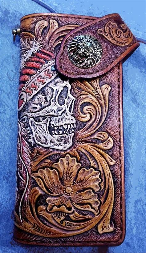 Biker Wallet Indian Skull Sheridan Floral Hand Tooled Hand Image 2