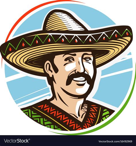 Portrait Of Happy Smiling Mexican In Sombrero Logo Or Label Cartoon