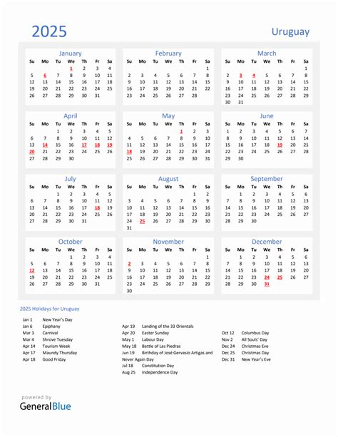 Basic Yearly Calendar With Holidays In Uruguay For 2025