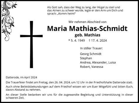 Traueranzeigen Von Maria Mathias Schmidt Trauer Werra Rundschau De