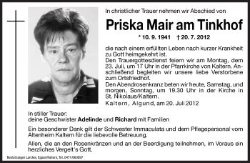 Traueranzeigen Von Priska Mair Am Tinkhof Trauer Bz