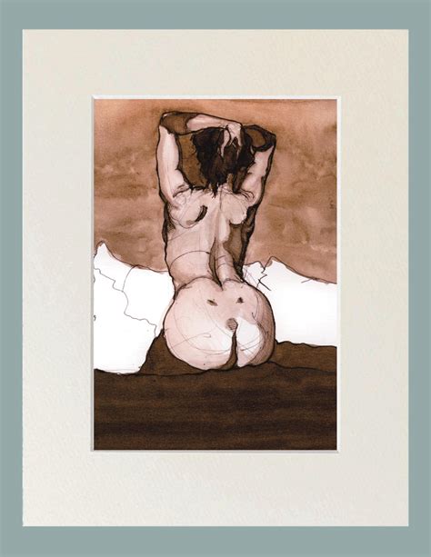 Woman Sitting On Bed Back View Nude Black Walnut Ink Painting Fine Art Female Figure Study