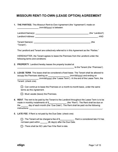 Free Missouri Rent To Own Lease Option Agreement Pdf Word