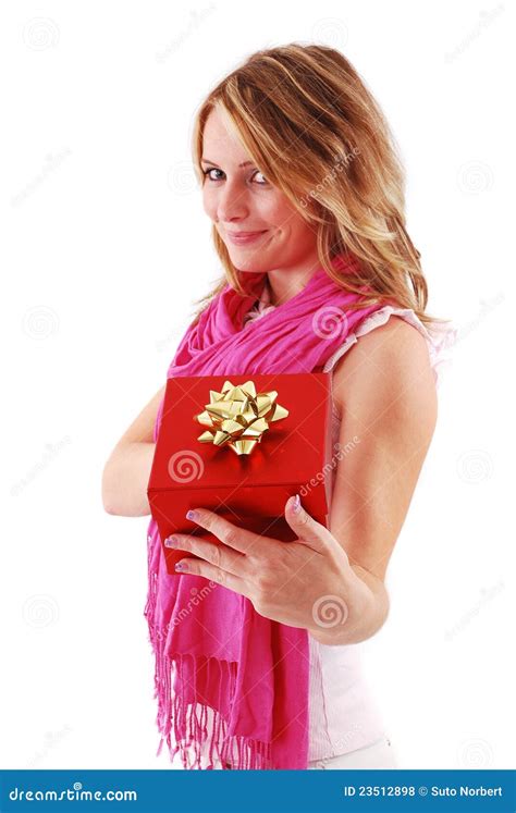 Blonde Woman Holding Gift Box Stock Photo Image Of Happiness Caucasian