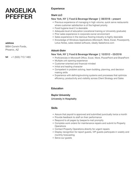 Food And Beverage Resume Sample