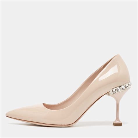 Miu Miu Beige Patent Leather Crystal Embellished Pointed Toe Pumps Size