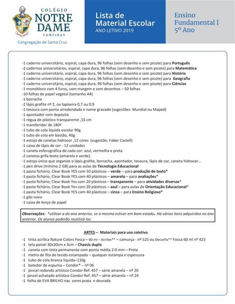 Pdf Lista De Material Escolar Ano Notredamecampinas Br