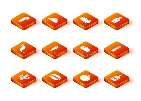 Set Cactus Fiesta Map Of Mexican Hot Chili Pepper Pod Tomato Taco With Tortilla Tequila