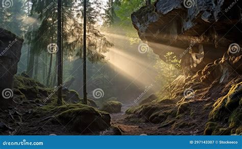 Sunshine Illuminating Forest Cave: a Captivating Nature Photograph Stock Illustration ...