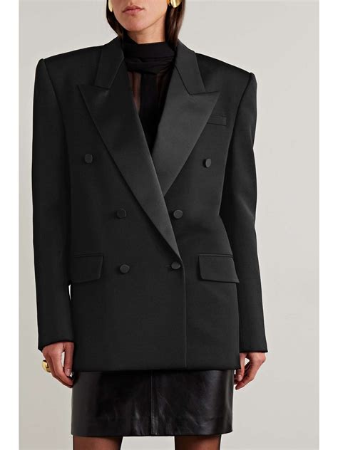 SAINT LAURENT Double Breasted Silk Satin Trimmed Wool Twill Blazer