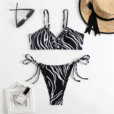 Tankini Set Women S Sexy Strappy Swimsuit Hollow Swimsuit Printed Bikini Tankini Black Women