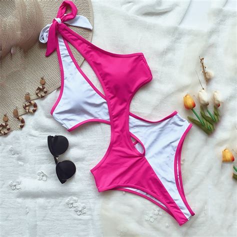 Ersazi Womens Bathing Suits One Piece Women One Piece Swimsuit Backless Patchwork Bandage Bikini