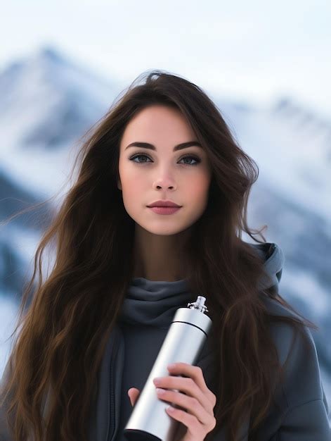 Premium Photo Photo Of Brunette Canadian Woman Holding A Lip Balm Snowy Mountain Pe Concept Idea