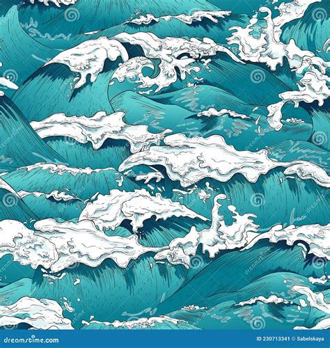 Colorful Vector Seamless Pattern With Sea Or Ocean Waves And Marine