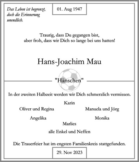 Traueranzeigen Von Hans Joachim Mau Sh Z Trauer