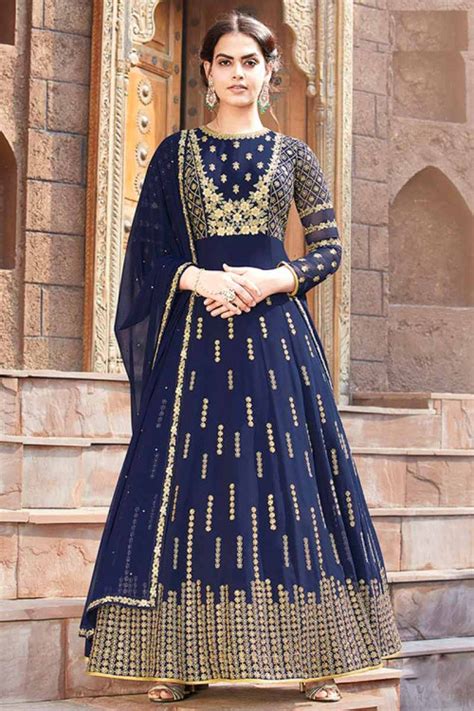 Buy Navy Blue Georgette Anarkali Suit With Zari Work Online Lstv03430