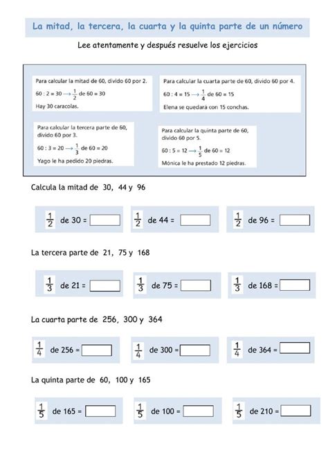 La mitad tercera cuarta y quinta parte de un número worksheet