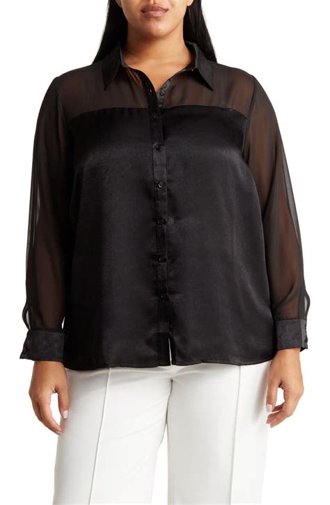 Pleione Mesh Yoke Long Sleeve Satin Button Up Shirt Nordstromrack