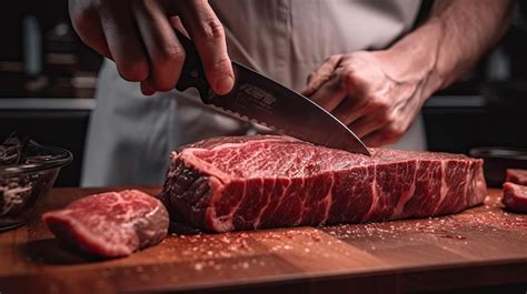 Un Chef Corta Carne En Una Tabla Para Cortar Foto Premium