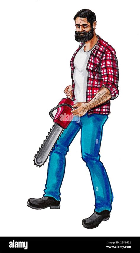 Canadian Lumberjack With A Chainsaw Ink And Watercolor Sketch Stock