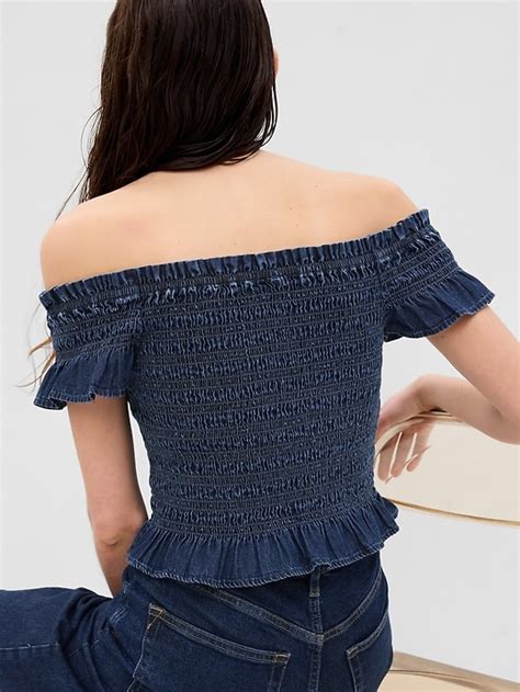 Cropped Ruffle Sleeve Denim Smocked Peplum Top With Washwell Gap