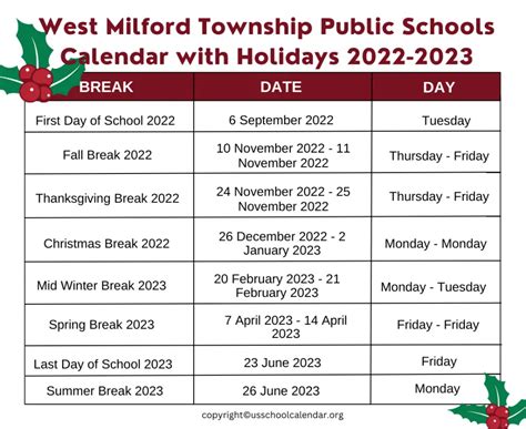 [WMTPS] West Milford Township Public Schools Calendar 2023