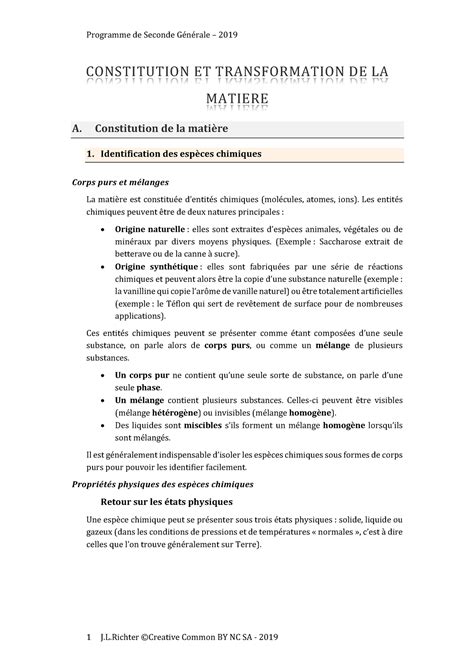 La matière qui nous entoure 2nde PC CONSTITUTION ET TRANSFORMATION DE