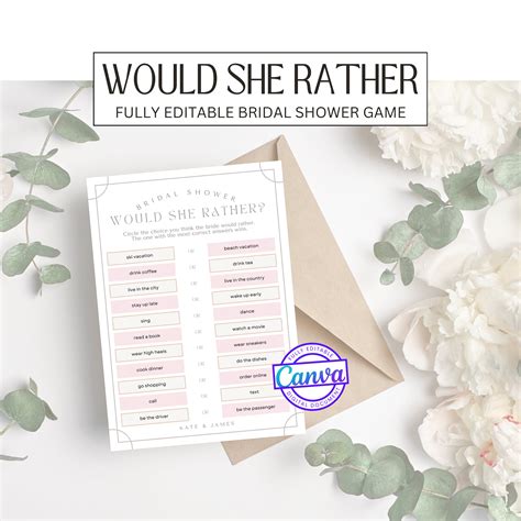 Would She Rather, Bridal Shower Game, Fully Editable Template, Bridal