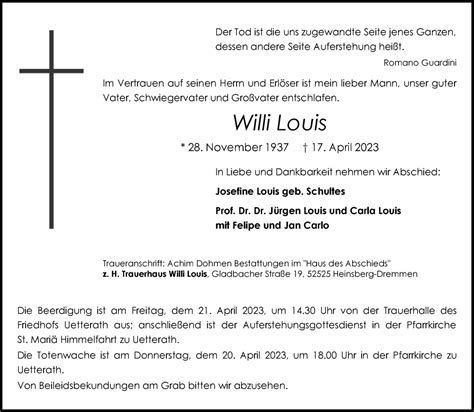 Traueranzeigen Von Willi Louis Aachen Gedenkt