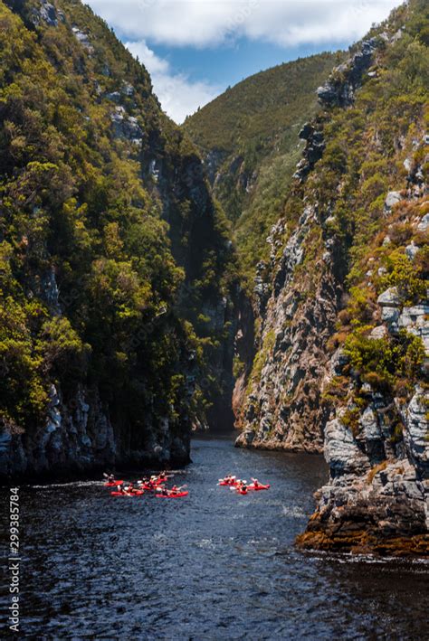 A group of people in Kayaks setting out on a tour up Storms River gorge ...