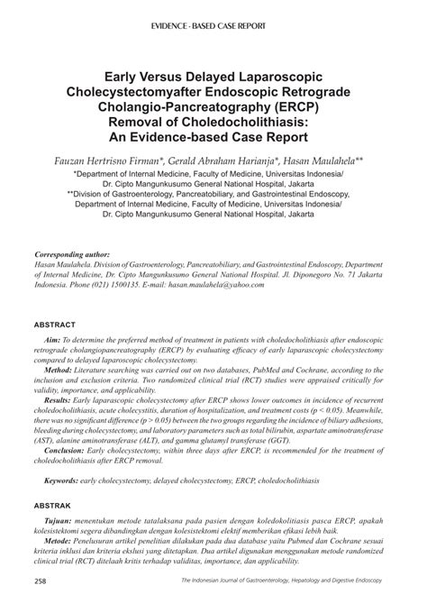 Pdf Early Versus Delayed Laparoscopic Cholecystectomyafter Endoscopic