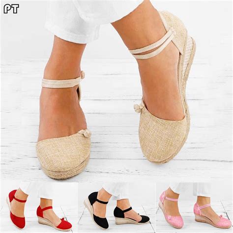 Buy Women Ladies Retro Linen Canvas Wedge Round Toe Casual Sandals Singles Shoes At Affordable