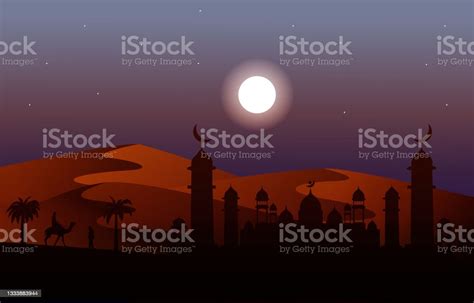 Night Arabic Desert Camel Caravan Muslim Islamic Culture Illustration