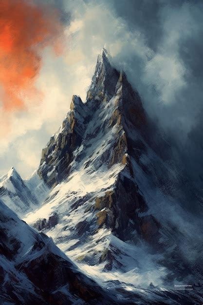 Premium AI Image | A painting of a mountain with snow on it