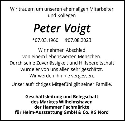 Traueranzeigen Von Peter Voigt Nordwest Trauer De