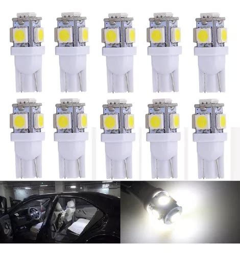 Kit 10 Lampada T10 5 Led Branca Branco W5w Pingo Luz Full