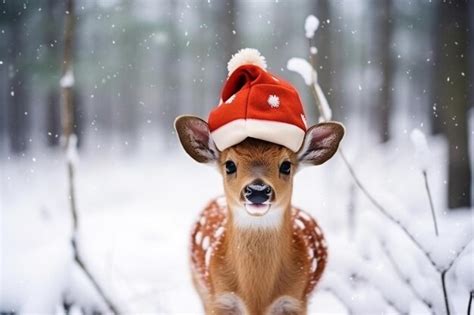 Premium AI Image | a baby deer wearing a santa hat in the snow