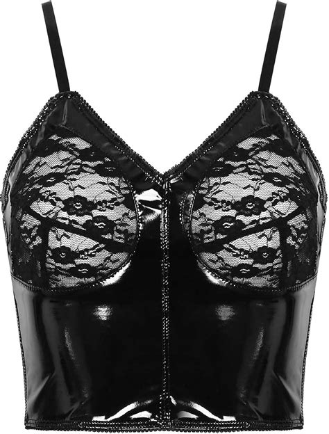 Yeahdor Damen Wetlook BH Brustfrei Sexy Leder Top Longline Bauchfrei