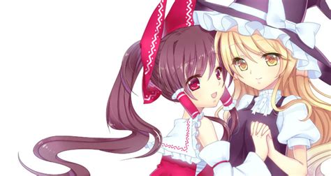 Girls Blonde Hair Brown Hair Hakurei Reimu Hat Japanese Clothes Kirisame Marisa Long