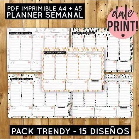 Pdf Imprimible Planner Semanal 15 Diseños Digitales en venta en Tres de