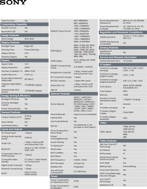 Sony Xbr X D User Manual Marketing Specifications Xbr X D Mksp