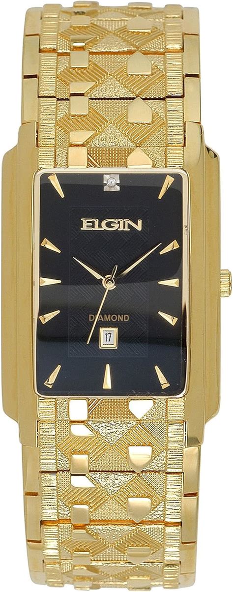 Elgin Mens Gold Tone And Diamond Accent Rectangular Watch Fg8014 Amazon