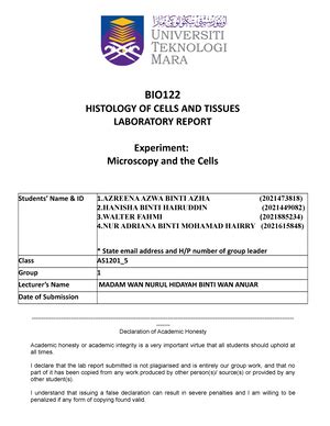 BIO 122 LAB Report BIO HISTOLOGY OF CELLS AND TISSUES LABORATORY