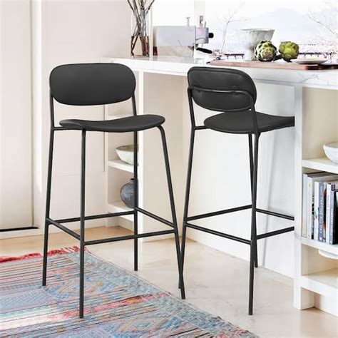 LUE BONA 38 18 In Black Low Back Faux Leather Bar Stools With Metal