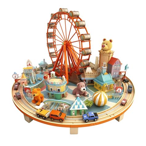 D Amusement Park Concept With Electric Bump Car Teddy Bear Viking Ship