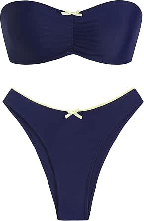 Amazon ZAFUL Women S Strapless Bikini Bowknot Lace Up Cinched Ruched Side Fishbone Lace