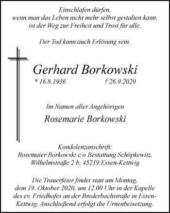 Traueranzeigen Von Gerhard Borkowski Trauer In Nrw De