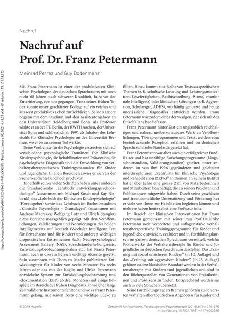 Pdf Nachruf Auf Prof Dr Franz Petermann